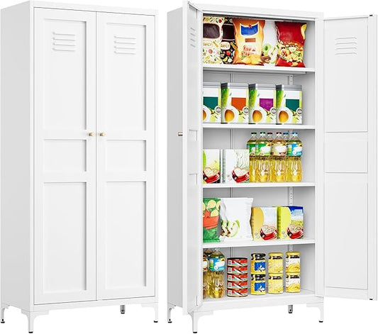 SISESOL Metal Storage Cabinet with Doors and Shelves,White Storage Cabinet with Leg & Vent Hole,Food Pantry Cabinets,5 Tier Metal Pantry,Tall Large Cupboard for Home,Kitchen,Dining/Living/Laundry Room