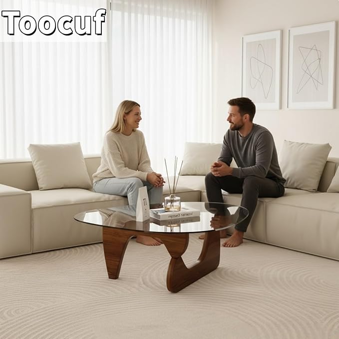 Modern Glass Coffee Table for Living Room, Small mid Century Coffee Table, Stylish Coffee Tables Suitable for Bedroom Living Room Reception Office Tables (Walnut, Large)