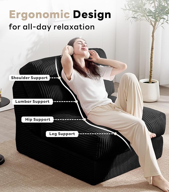 Tbfit Convertible Sleeper Chair, Adjustable Folding Sofa Bed with Large Pillow, Corduroy Folding Couch Bed, Portable & Foldable Mattress Boneless Floor Sofa for Living Room, RV, Office, Black, Single