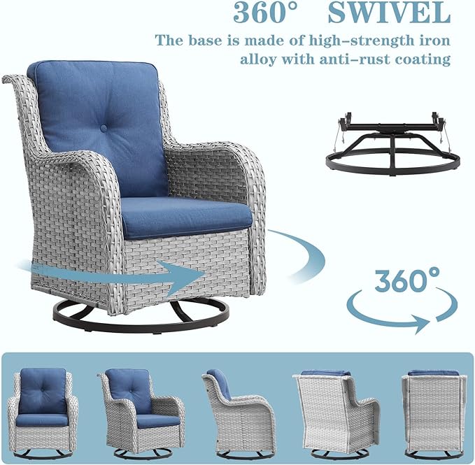 Wicker Patio Furniture Set: 6 Piece Outdoor Conversation Sets with Swivel Rocker Chairs, Patio Couch, Ottomans and Coffee Table for Porch Balcony Garden, Light Grey