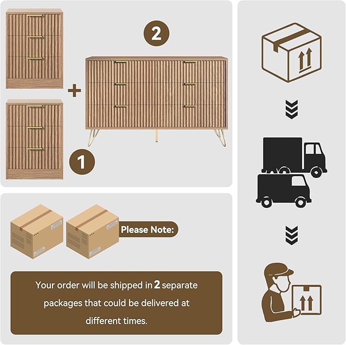 6 Drawer Dresser and Nightstand Sets for Bedroom, 3 Pcs Fluted Bedroom Set, 3 Drawer Night Stand Set of 2 & 6 Drawer Dresser with Golden Handles, Wood Chest of Drawers Cabinet Set, Natural Oak
