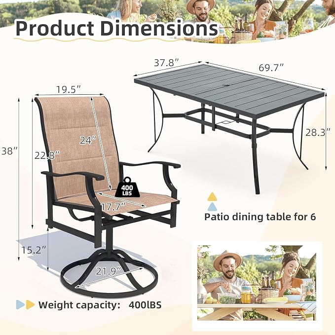 BUPPLEE Outdoor Patio Dining Set with 6 Swivel Chairs, Metal Table with Umbrella Hole, 7-Piece Patio Table and Chairs for Backyard, Poolside, Balcony and Garden (Brown) - Image 7