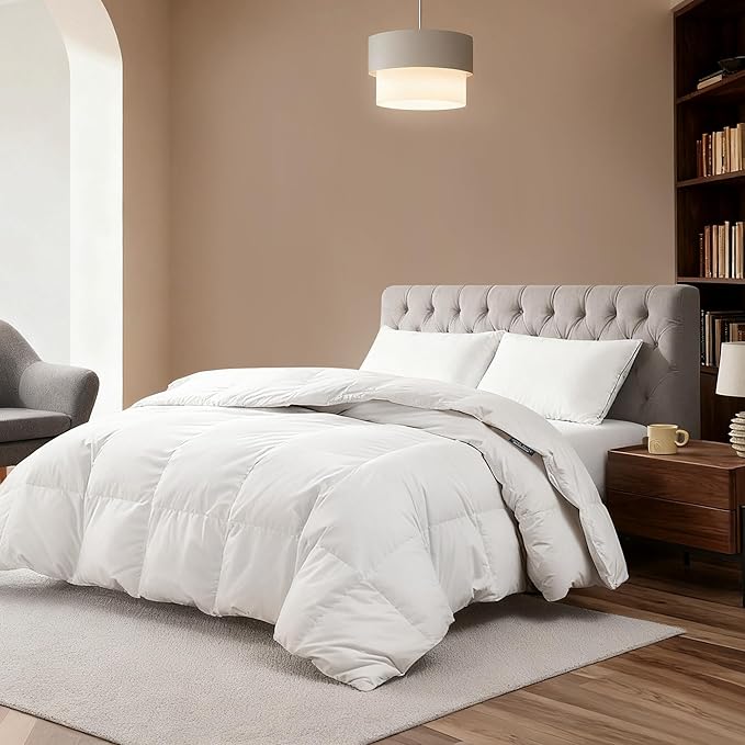 Hotel Suite Luxurious Feather and Down Comforter Duvet Insert King Size, 100% Cotton Cover, Hotel Collection Quilts, 68 oz Fill Weight, All Season Medium Warmth 104 x 88 Inch White