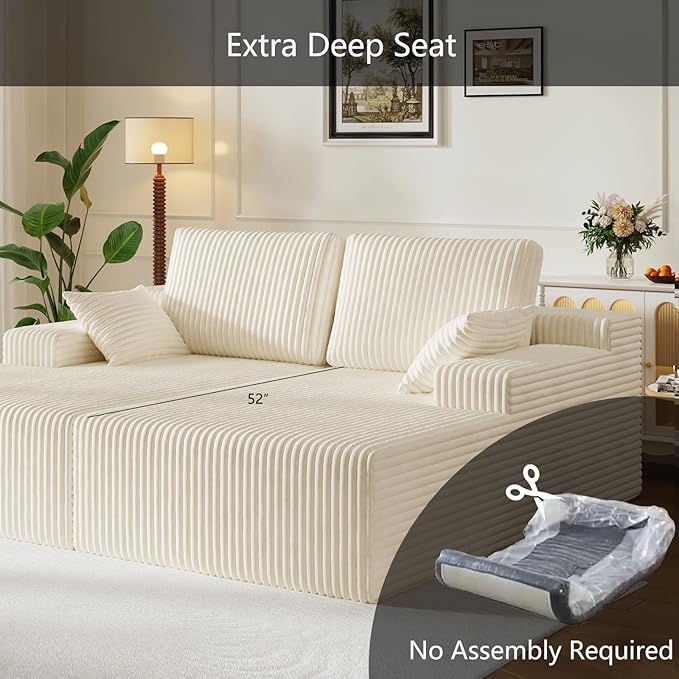 106" Boneless Couches for Living Room, Modular Sectional Sofa, L-Shape Sofa Couches,Cloud Couch Sectional, Comfy Corduroy Sofa, with Deep Seat, No Assembly Required (Beige, Loveseat Chaise)