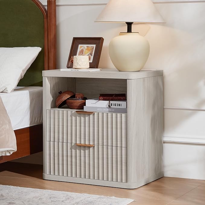 LEYAOYAO Fluted Farmhouse Nightstand Set of 2 with Charging Station, 23" Wide 2 Drawers Night Stand,LightGrey Dresser for Bedroom,Bed Side Table Chest of Drawers,Wood End Table for Living Room - Image 5