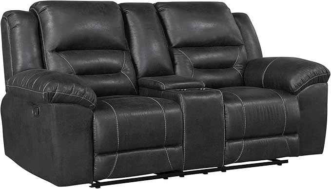 Lexicon Double Recliner Loveseat with Center Console, Wall Hugger Manual Reclining Couch, Textured Microfiber Upholstered Dual Reclining Love Seat, Home Theater Seating, Required Assembly, Black