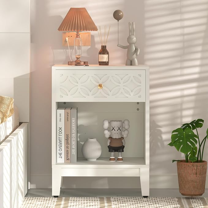 White Nightstand with Drawer and Open Shelf, 17.7 W Modern Bed Side Table for Bedroom, Small End Table for Small Spaces, Compact Side Table for Living Room, Easy Assembly by E-SHANHOMY