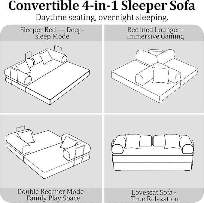 53.15'' Convertible Compressed Corduroy Folding Cloud Sofa Bed, Modern Boneless Pull Out Loveseat Sleeper in a Box, 4 in 1 Floor Mattress Futon Cloud Couch, No Assembly Needed, Grey, 2 Pillows, Full