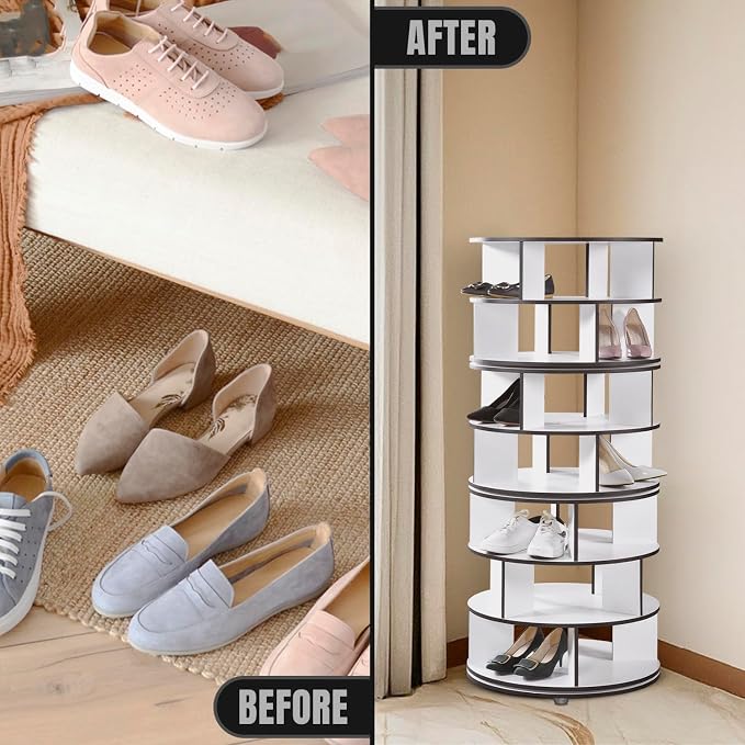 Kings Brand Furniture - 7-Tier Rotating Shoe Rack, 360° Revolving Lazy Susan Spinning Shoe Rack Tower Storage Organizer for Closet Entryway Bedroom Hallway, White - Image 5