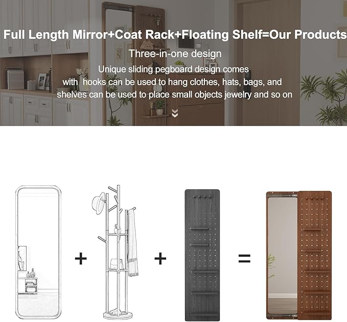 KungFuWood Full Length Mirror with Shelf and Hooks,Entry Way Mirrors for Wall,Wall Mirror with Shelf,Wall Mirror with Storage Multifunctional Design Panel,Living Room - Image 3