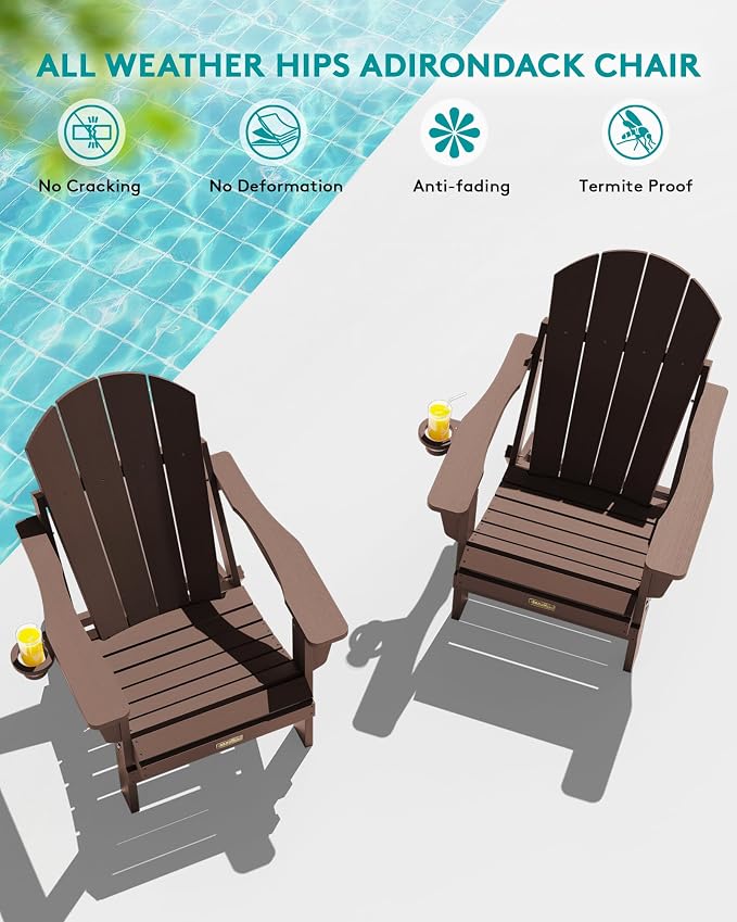 SERWALL Folding Adirondack Chair Set of 2, All Weather Adirondack Chairs with Cup Holder for Patio Garden Outdoors Fire Pit - Coffee - Image 9