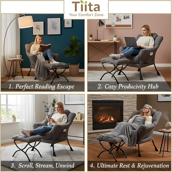 Tiita Lazy Chair with Ottoman, Modern Large Accent Lounge Chair, Leisure Sofa Armchair with Ottoman, Reading Chair with Footrest for Bedroom, Living Room, Dorm Rooms, Garden Dark Grey