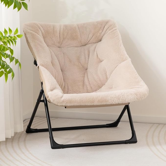 HollyHOME X-Large Saucer Chair, Comfy Oversized Folding Chair, Faux-Fur Reading Chair for Teens, Adults, Foldable Accent Lazy Chair, Metal Lounge Chair for Living Room, Bedroom, Dorm, Light Khaki