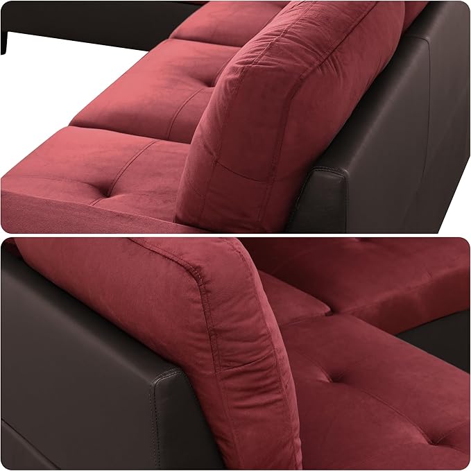 103.5 Inch Modern L-Shaped Couch, Flannel Sectional Sofa with Chaise Lounge, 4-Seater Couch with Accent Pillows for Living Room, Apartment, Red