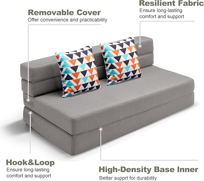 ARTPLAN Convertible Folding Sofa Bed, High-Density Memory Foam Sofa with a Fluffy Pillow, Modern Futon Floor Couch Guest Twin Bed for Living Room/Dorm/Guest Use/Home Office/Apartment,Light Gray