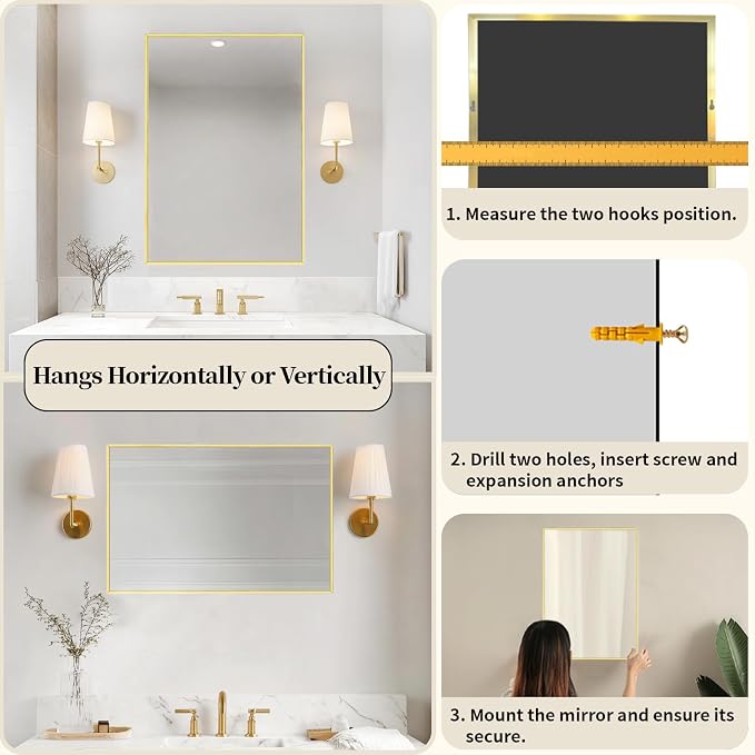 Sunniry Gold Mirror Bathroom, Bathroom Mirrors for Over Sink 24x36 inch, Rectangle Mirrors with Aluminum Metal Frame for Wall Décor, Living Room, Entryway, Bedroom. - Image 5