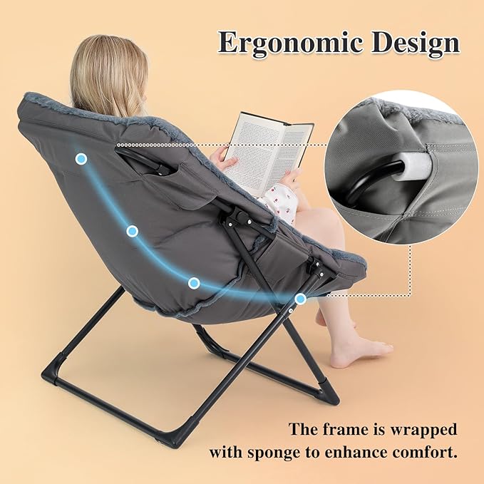 Comfy Saucer Chair for Adults, Set of 2, Soft Faux Fur Bedroom Chair, Accent Dorm Chairs, Flexible Living Room Reading Chairs, Oversized Folding Seat for Teens, X-Large, Navy Blue