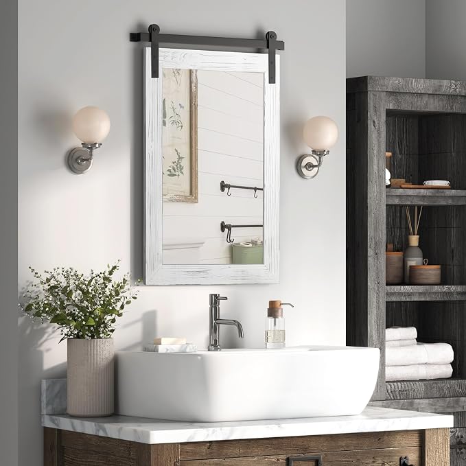 COGOOD Farmhouse Barn Door Mirror - 38" x 25" Rustic Wood Framed Wall Mirror for Bathroom, Living Room, Entryway Wall Decorative (White) by COGOOD