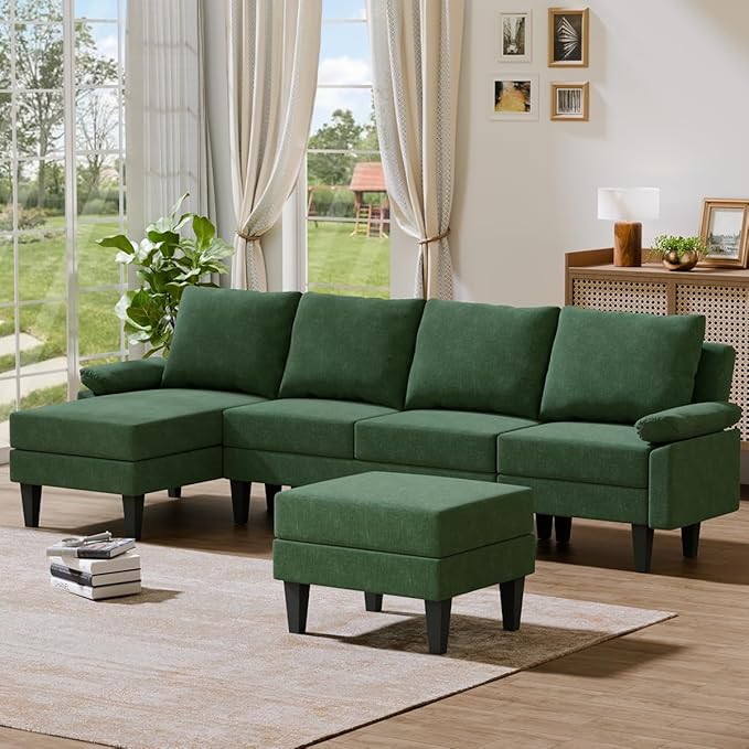 115 Inch Modular Sectional Sofa with Storage Ottoman, Modern L-Shaped Sectional Couch with Chaise, Chenille Couch for Living Room, Apartment or Small Spaces, Green