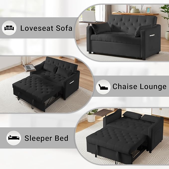 3 in 1 Convertible Sofa Bed, Pull Out Couch with 3-Level Adjustable Backrest, Loveseat Sleeper Recliner with Storage Pockets and Side Table, Velvet Chaise Lounge for Living Room