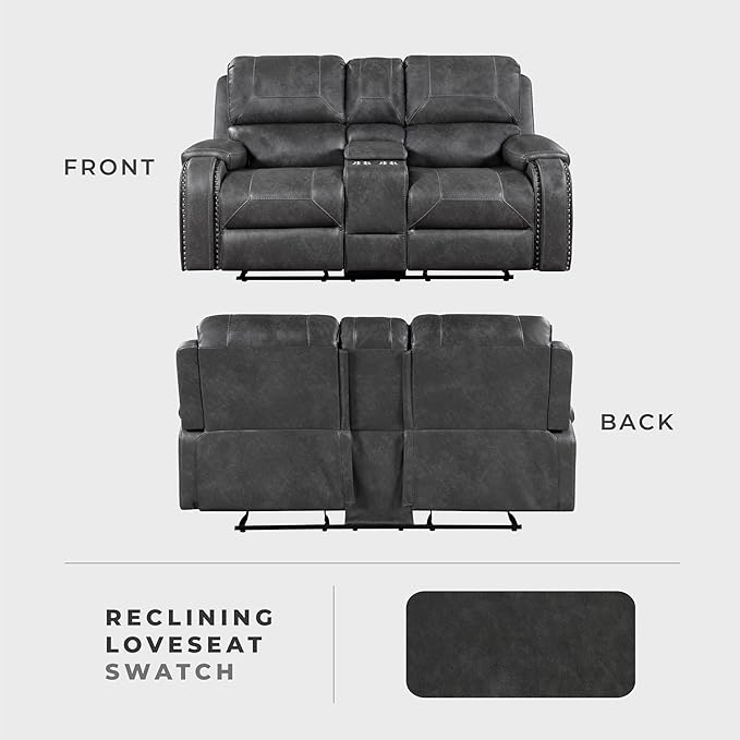 Lexicon Modern Double Reclining Loveseat, Faux Leather Recliner Loveseat with Nailhead, Center Console, Receptacle and USB Ports, Manual Recliner Loveseat Couch for Living Room/Office/Apartment, Grey