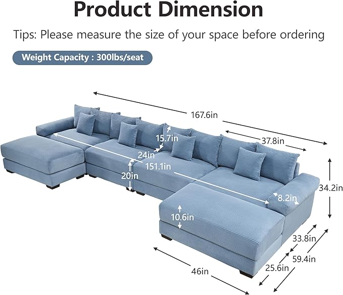 KEIKI 130" U-Shaped Oversized Corduroy Modular Cloud Sectional Sofa with 2 Ottoman, High-Density Foam Cushion, Extra-Thick Armrest, 3-Seater Fluffy Corner Couch with 9 Pillow, for Living Room, Blue