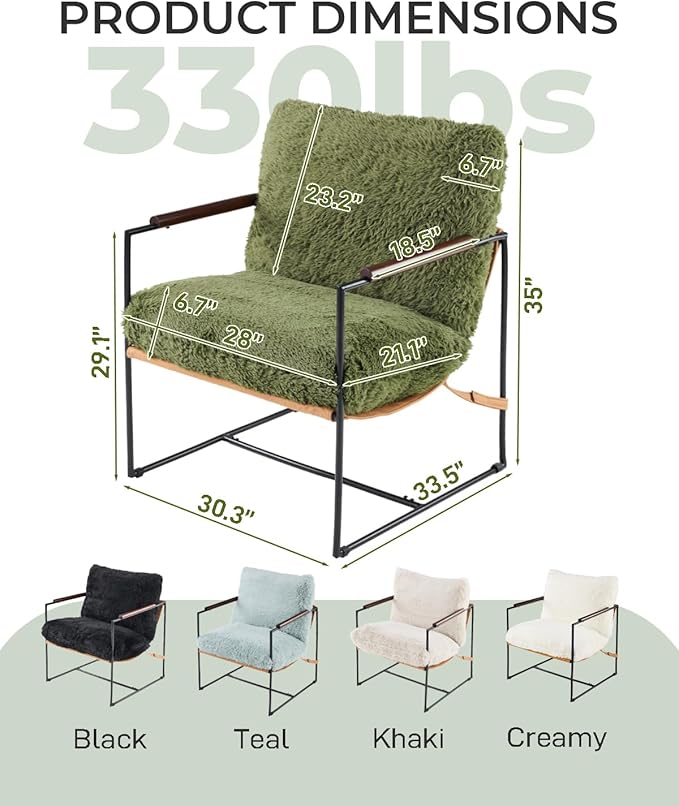 Karl home Modern Accent Chair Plush Fleece Upholstered Living Room Chair with Metal Frame Wooden Armrest Comfy Lounge Armchair for Living Room, Bedroom, Balcony, Reading Room, Green