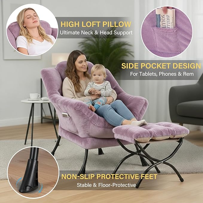 Plush Lazy Chair and Ottoman, Large Purple Plush Contemporary Accent Chair with Side Pocket, Modern Leisure Upholstered Reading Armchair with Footrest for Bedroom, Living Room, Balcony