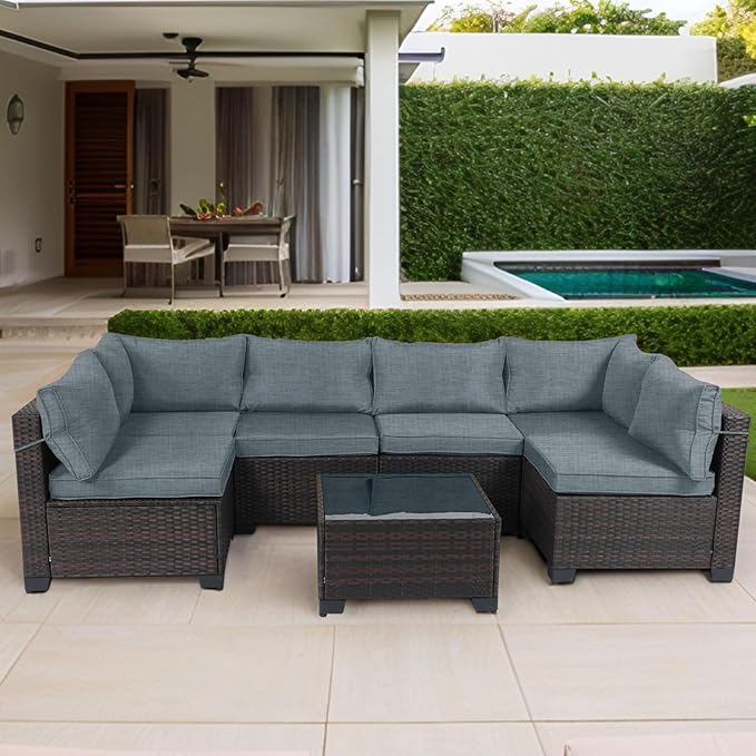 CHABATREE 7 Pieces Outdoor Patio Furniture Sets,Rattan Conversation Sectional Set,Manual Weaving Wicker Patio Sofa with Tea Table