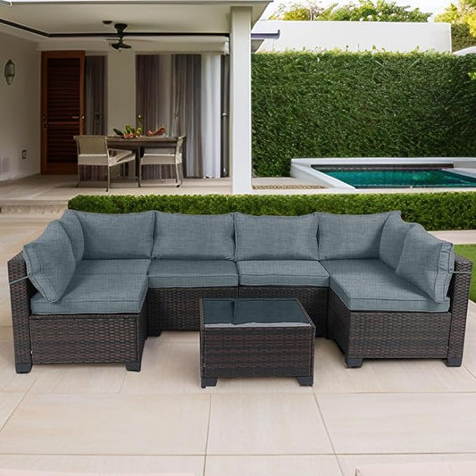 CHABATREE 7 Pieces Outdoor Patio Furniture Sets,Rattan Conversation Sectional Set,Manual Weaving Wicker Patio Sofa with Tea Table