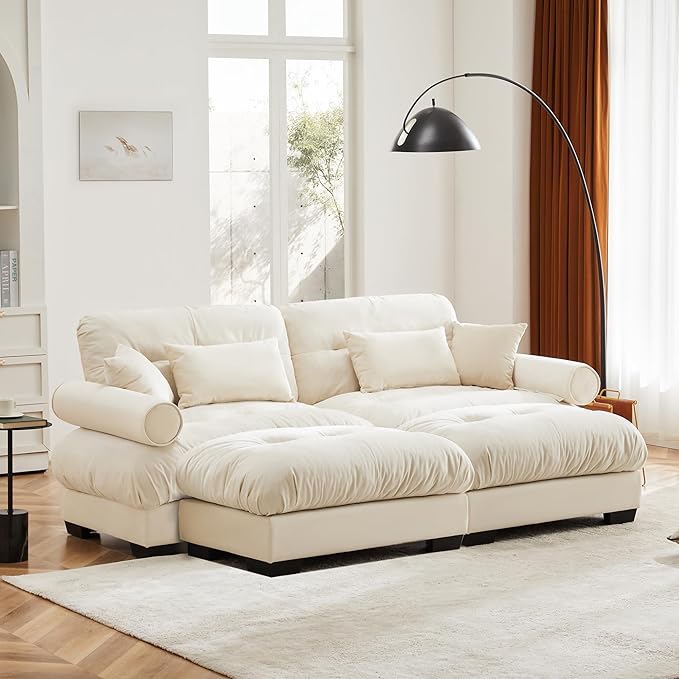 KEIKI 94" Oversized Velvet Modular Sectional Loveseat Sofa with 2 Ottoman, High-Density Foam Cushions and Bolstered Armrests, Upholstered 2-Seater Cloud Couch with 4 Pillow, for Living Room, Cream
