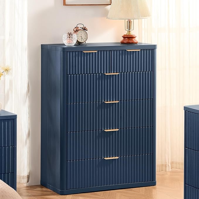 LEYAOYAO 42" Tall Fluted Dresser and 2 Drawers 23" Nightstand Set of 2, Wooden Dresser & Night Stand with Charging Station, 3 Piece Bedroom Furniture Set, Chest of Drawer for Living Room,Navy Blue