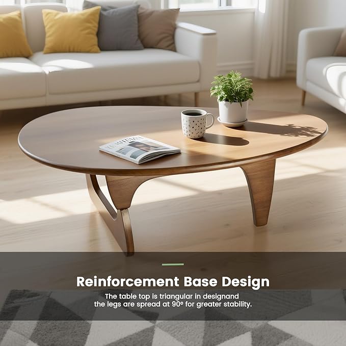Solid Wooden Modern Triangle Coffee Table: Unique Funky Coffee Tables for Living Room, Oval Mid-Century Irregular Abstract Tea Tables for Patio Office Balcony Bedroom (Walnut, 50" L x 31" W x 16" H)