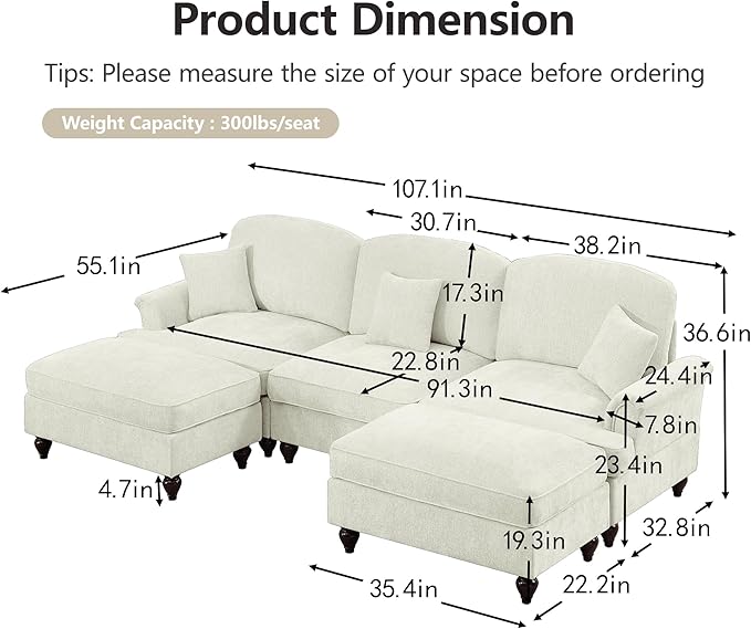 KEIKI Mid Century Modular Sofa with Flared Arms and Skirted Design, 107” Oversized 3-Seater with 2 Ottomans Chenille Sectional Couches for Living Room, Chaise Lounge Indoor Furniture, Beige White