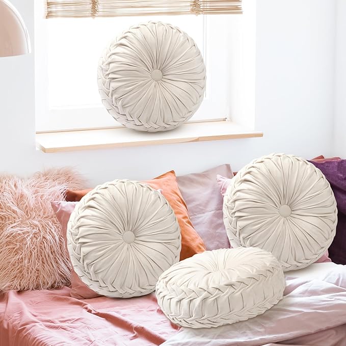 Beeveer 2 Pcs Round Throw Pillows 15 Inch Decorative Velvet Pleated Pumpkin Pillows Boho Floor Pillow with Center Button for Living Room Couch Chair Bed Sofa Home Decoration (Ivory)