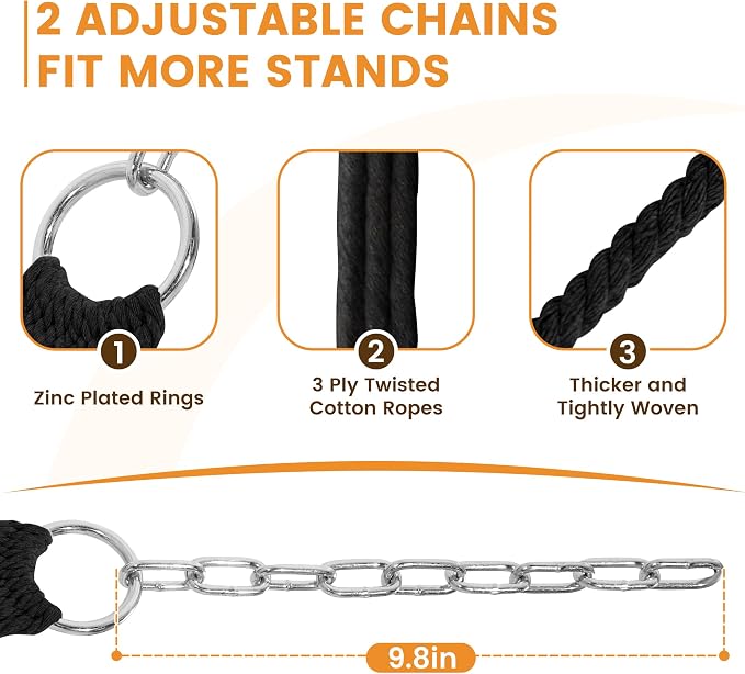 Lazy Daze Hammocks 12FT Double Rope Hammocks, 2 Person Hand Woven Cotton Hammock with Spreader Bar, Carabiner, Tree Strap, Chain for Outside, FIT 13-15 FT Stand, Max 450 Lbs, Black - Image 6