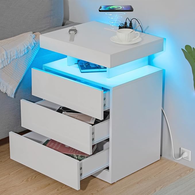 HOMMPA Nightstand with Charging Station and LED Light, Smart Nightstand with USB Port & Wireless Charging, Modern Night Stand with 3 Drawer, White Beside Table with High Gloss Surface for Bedroom by Hommpa
