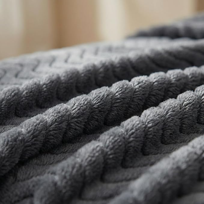 Exclusivo Mezcla Fleece Throw Blanket for Couch, Cozy Lightweight Blankets for All Season, Decorative Giftable Fuzzy Plush Wave Textured Throws for Women, Men, Dark Grey, 50x70 Inches