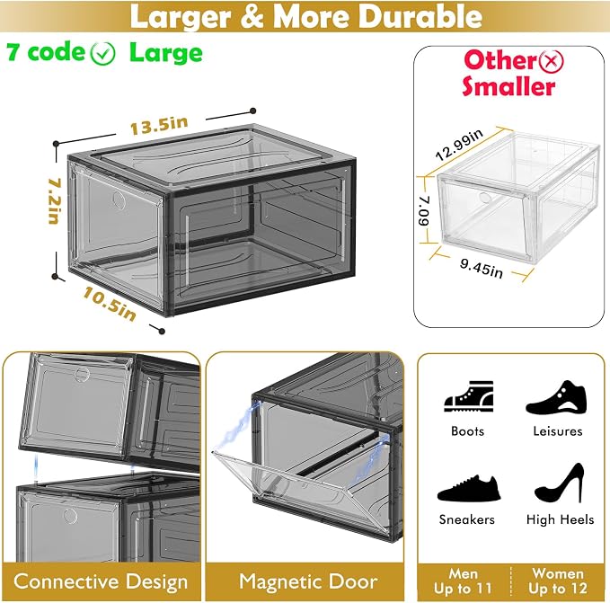 7 code Thicken & Sturdy Clear Shoe Storage Organizer with Magnetic Door, Stackable Boxes for Closet, Foldable Shoe Rack for Sneaker Boot Container, Plastic Shoe Cabinet Shoe Box 6 Pack, Black - Image 3