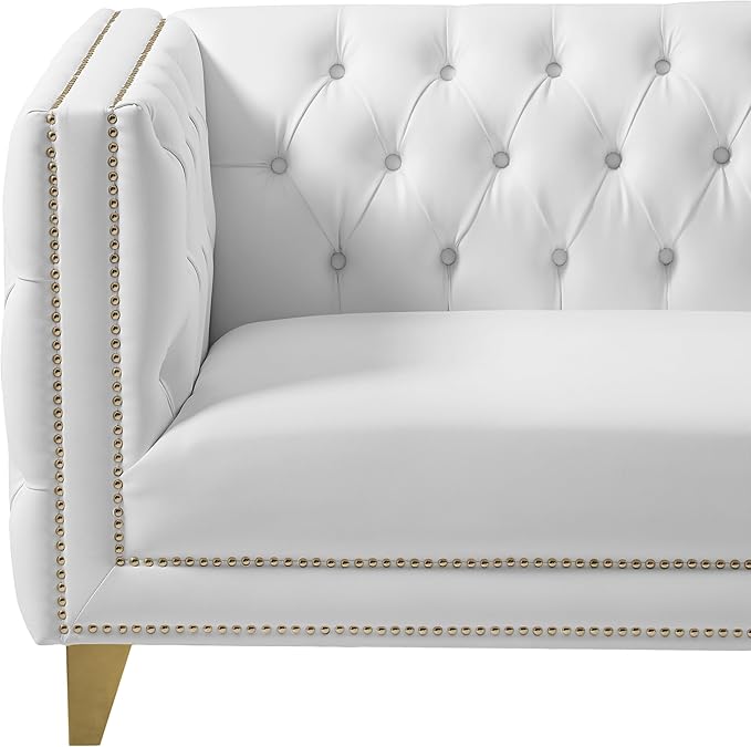Meridian Furniture 651White-L Michelle Collection Modern | Contemporary Loveseat with Deep Button Tufting, Gold Nailhead Trim and Sturdy Gold Iron Legs, White Vegan Leather, 66" W x 34" D x 30" H