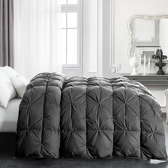 HOMBYS 120x128 Oversized King Feather and Down Comforter, Grey Pinch Pleat Thick Duvet Insert with 100% Cotton Cover, Oversized Extra Large Fluffy Palatial King Comforter for All Season