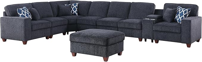 ERYE 151-Inch U-Shaped Sectional Sofa Chenille Upholstered Corner Convertible Sectional,9 PCS Modular Couch with Ottoman,Storage Console, Cupholders and Charging Station