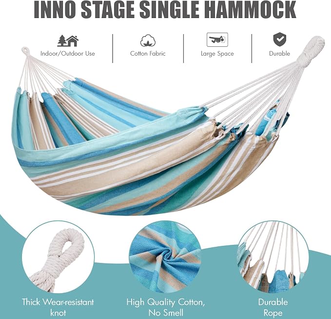 Brazilian Hammock with Tree Straps - Canvas Hammocks Portable Hammock with Carry Bag for Backyard, Porch, Outdoor and Indoor Use Blue & Green - Image 5