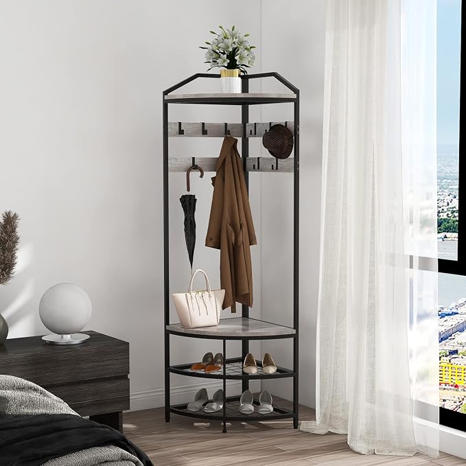 GiftGo Grey Corner Hall Tree with Shoe Bench Entryway Coat Rack with 10 Metal Movable Hooks Rustic Farmhouse Floorstanding Clothes Rack Shoes Shelf Organizer for Home Office Bedroom (Greige) - Image 2