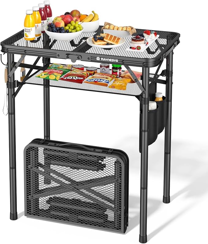 Folding Grill Table for Outside, 3 Height Adjustable Small Camping Table with Mesh Bag, Metal Aluminum Folding Table, 23.62 x 15.75 inches, Portable Grill Stand for Picnic, Camping, BBQ, Beach, Black by Raynesys