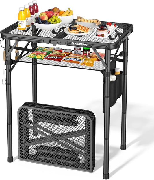 Folding Grill Table for Outside, 3 Height Adjustable Small Camping Table with Mesh Bag, Metal Aluminum Folding Table, 23.62 x 15.75 inches, Portable Grill Stand for Picnic, Camping, BBQ, Beach, Black by Raynesys