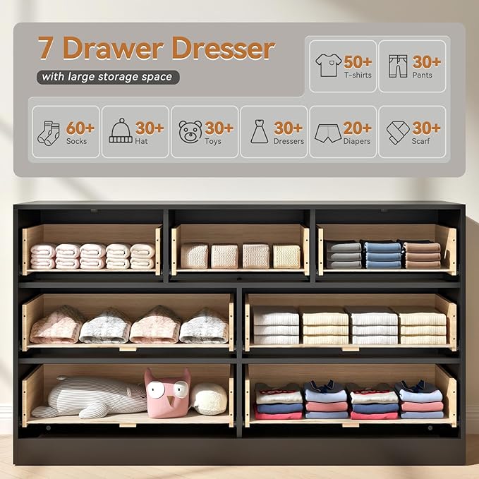 7 Drawer Dresser and Nightstand Sets, 3 Pcs Bedroom Set for Bedroom, Fluted Night Stand Set of 2 & 55" Wide Dresser w/Gold Handles, Modern Wood Chest of Drawers Storage Cabinet Set, Black