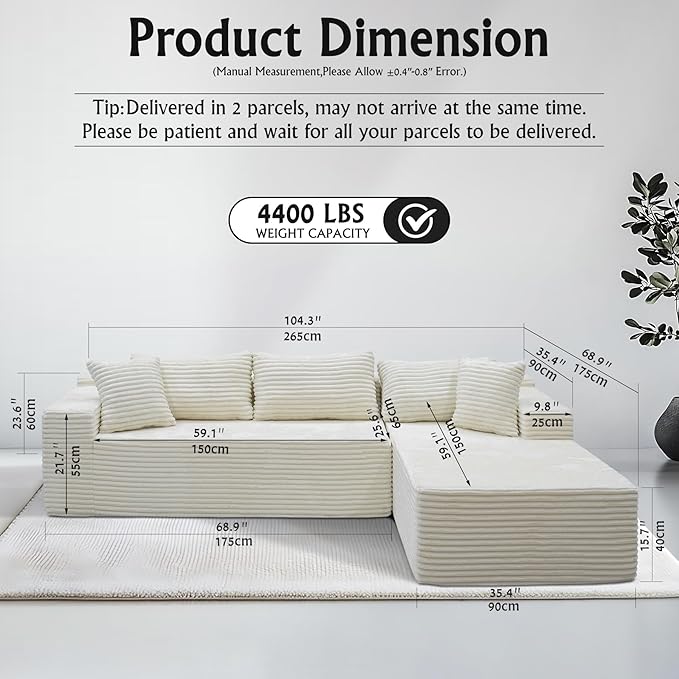 White sectional couches for Living Room Corduroy Couch，104" Cloud Sectional Couch with L-Shape Chaise， Modern Modular Sofa, Deep Seat Comfort, No Assembly Required(Plush Corduroy Fabric)