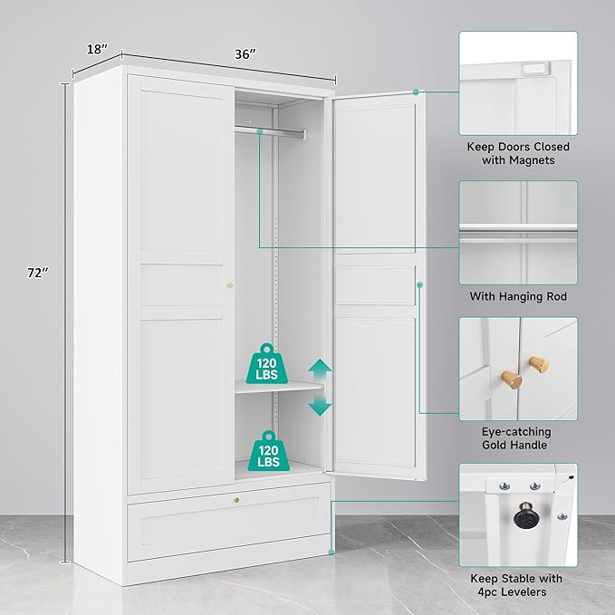 Metal Wardrobe Cabinet with Drawer and Hanging Rod,Armoire Wardrobe Closet with doors,White Metal Clothing Storage Cabinet with Adjustable Shelves,Armoire Storage Cabinets for Home,Bedroom Armoires
