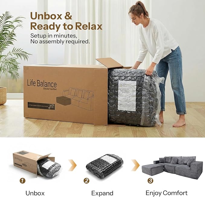 Life Balance Modular Sectional Sofa for Living Room, 106 Inch L-Shape 4-Seat Couches with Chaise, Modular Design Easy to Assemble, Cloud Soft Fabric, Grey(Sherpa Fabric)